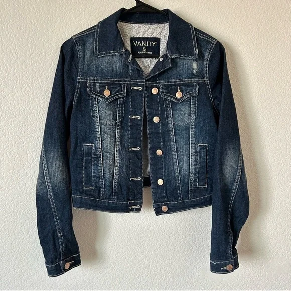 Vanity Dark Blue Distressed Denim Cropped Button Up Small Jean Jacket for Women - Picture 7 of 10